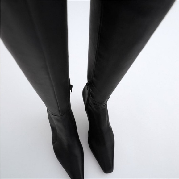Zara Women’s Thin Heel Leather Over The Knee Boots Size 38 Black Leather Boots - Picture 2 of 9